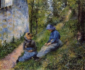 paysans assis cousant 1881 Camille Pissarro Peinture à l'huile